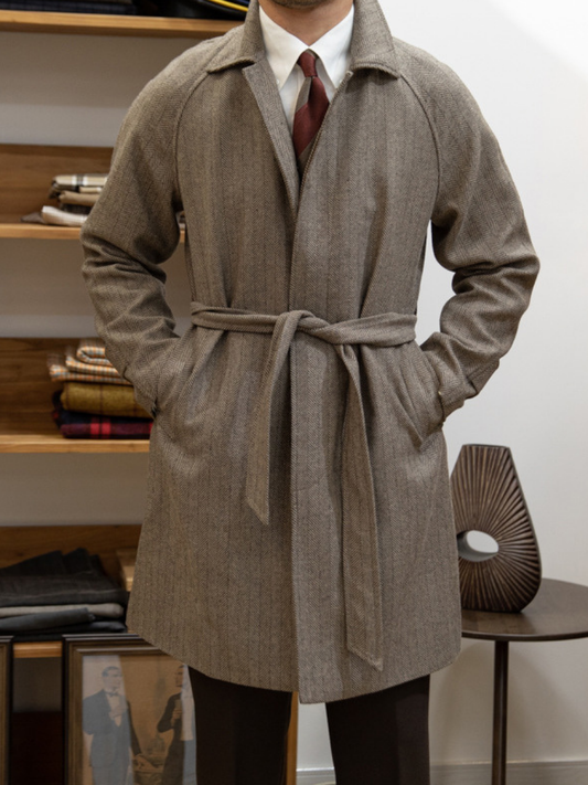 Woolen Herringbone Balmacaan Overcoat