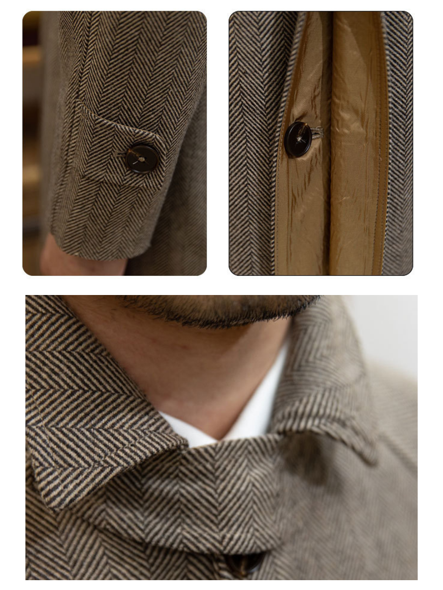 Woolen Herringbone Balmacaan Overcoat